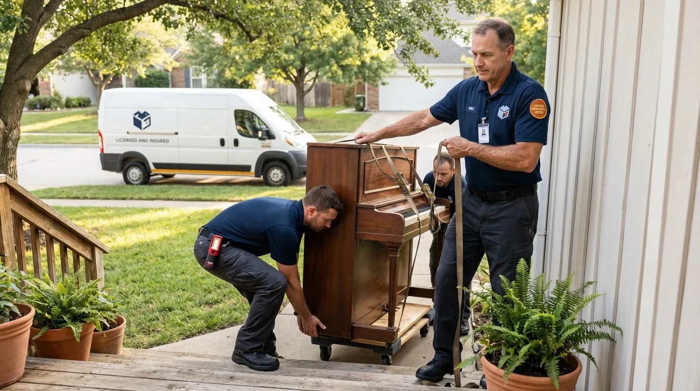 Licensed piano movers securing grand piano in Glenrock, WY