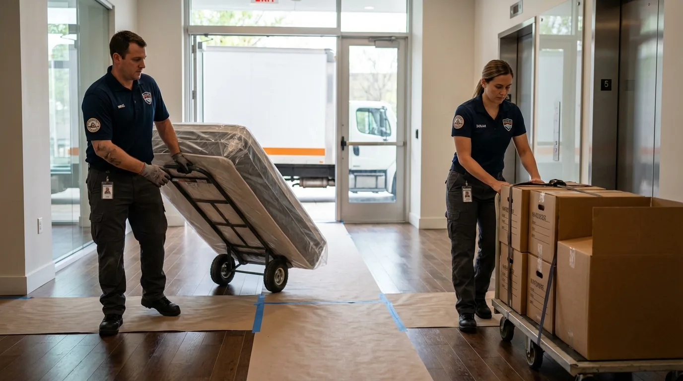 Professional apartment movers loading elevator in Glenrock, WY